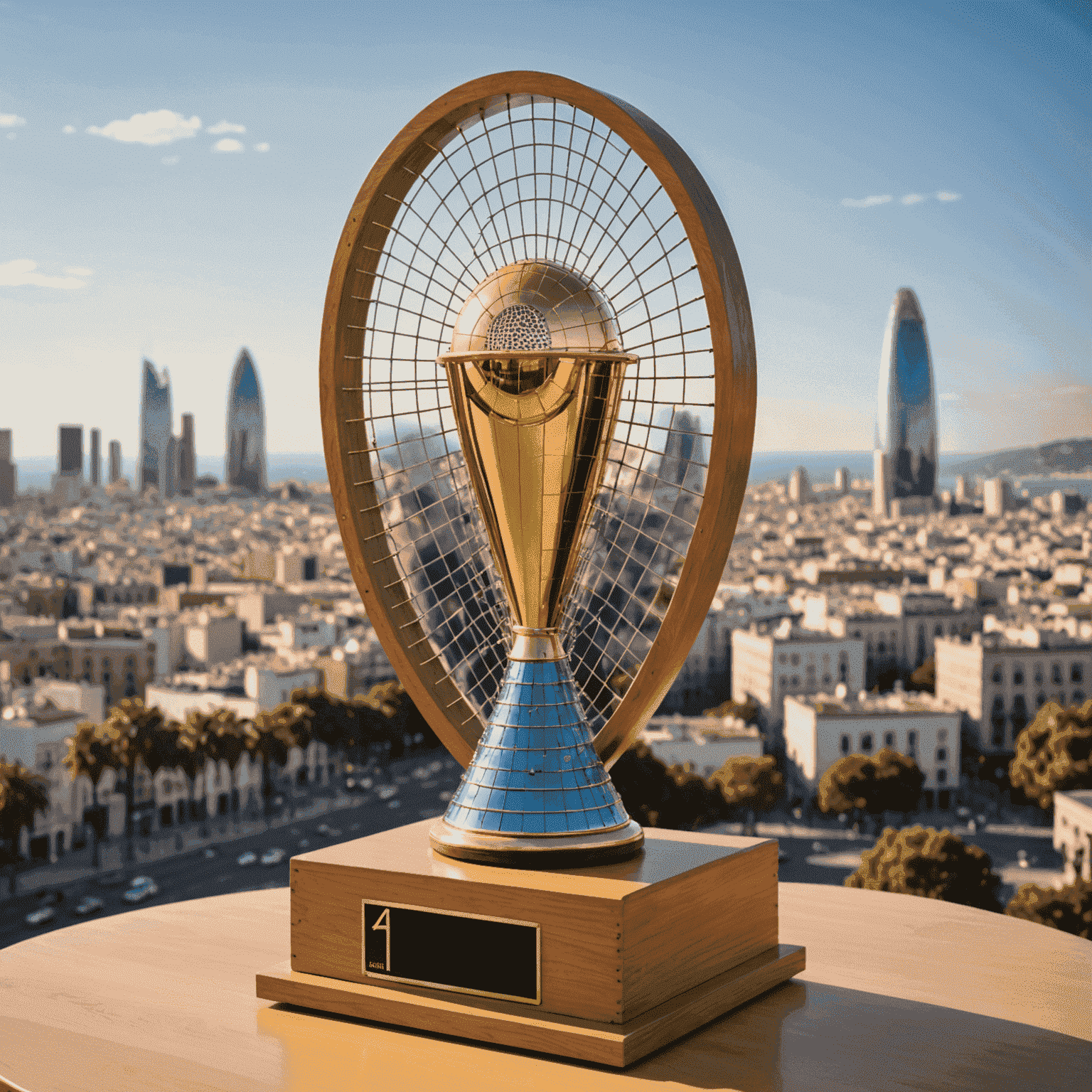 Plinko World Championships trophy and Barcelona skyline