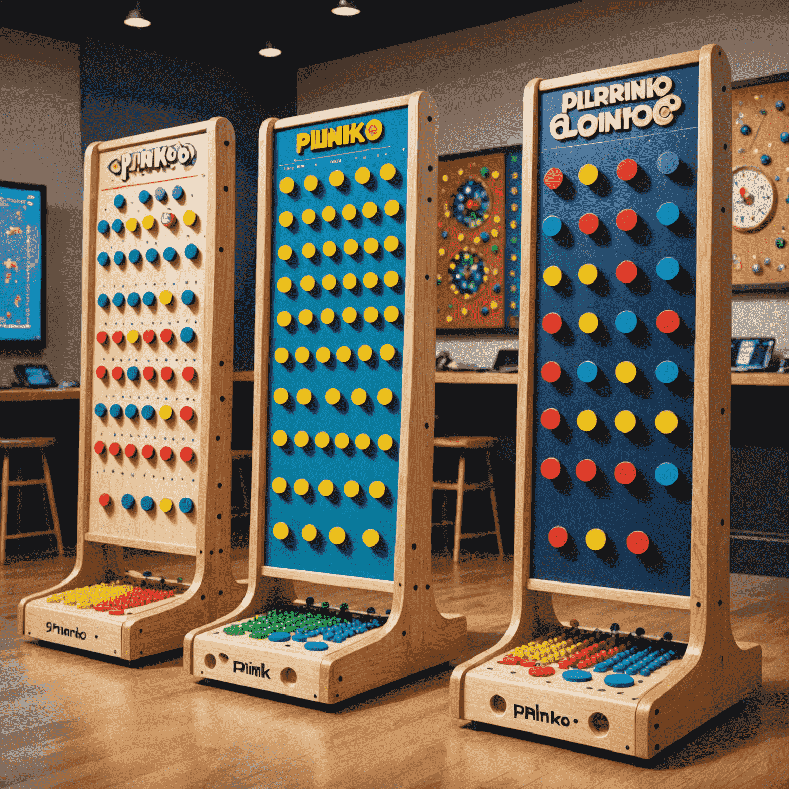 Three colorful Plinko boards side by side, each with unique features like curved pegs, moving obstacles, and multiple drop zones. Players' excited faces visible in foreground.