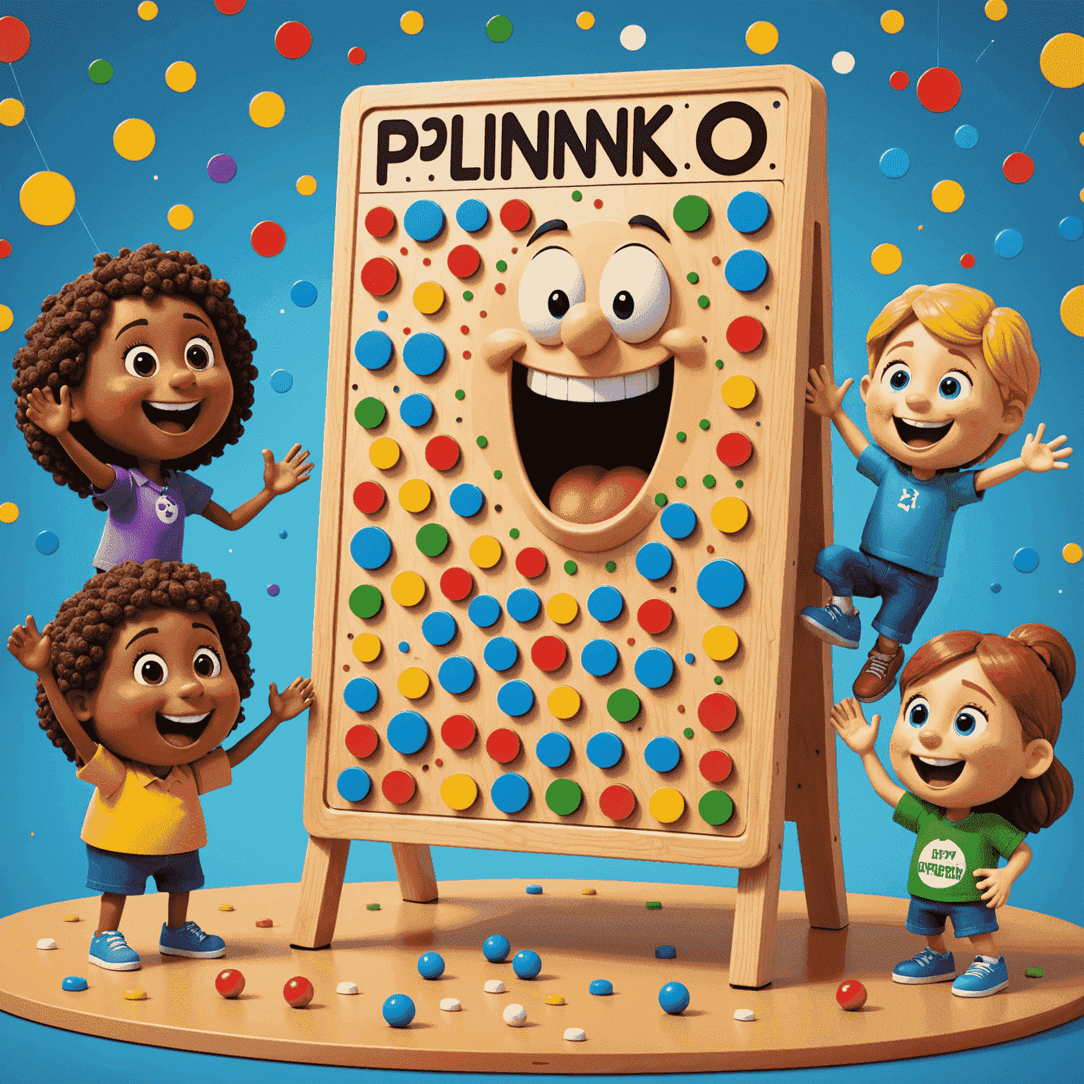 Cartoon illustration of various Plinko boards with happy characters playing and cheering