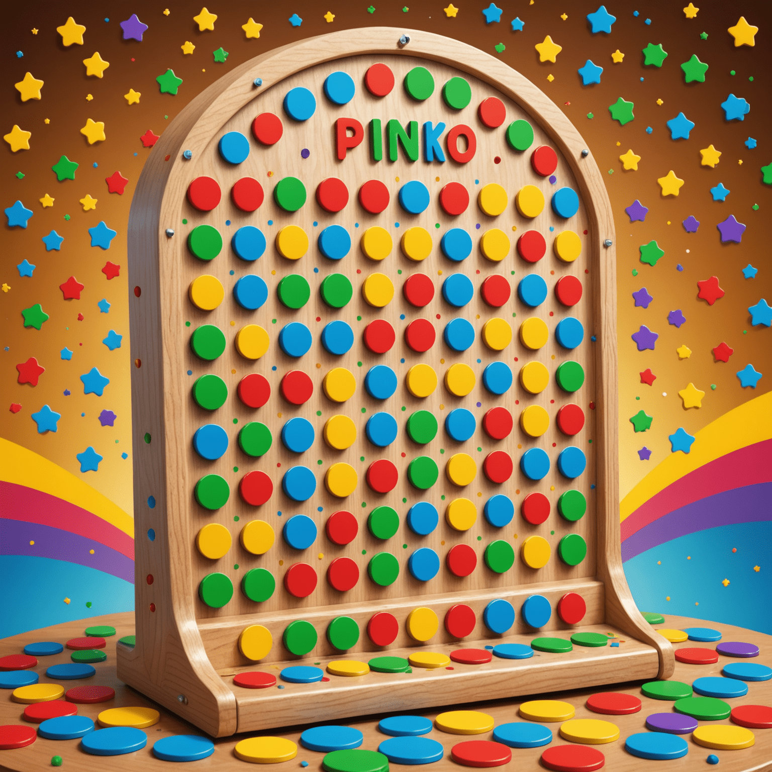 Cartoon illustration of a Plinko board with colorful chips bouncing off pegs and landing in point-value slots. The board is decorated with stars and has a rainbow arch at the top.
