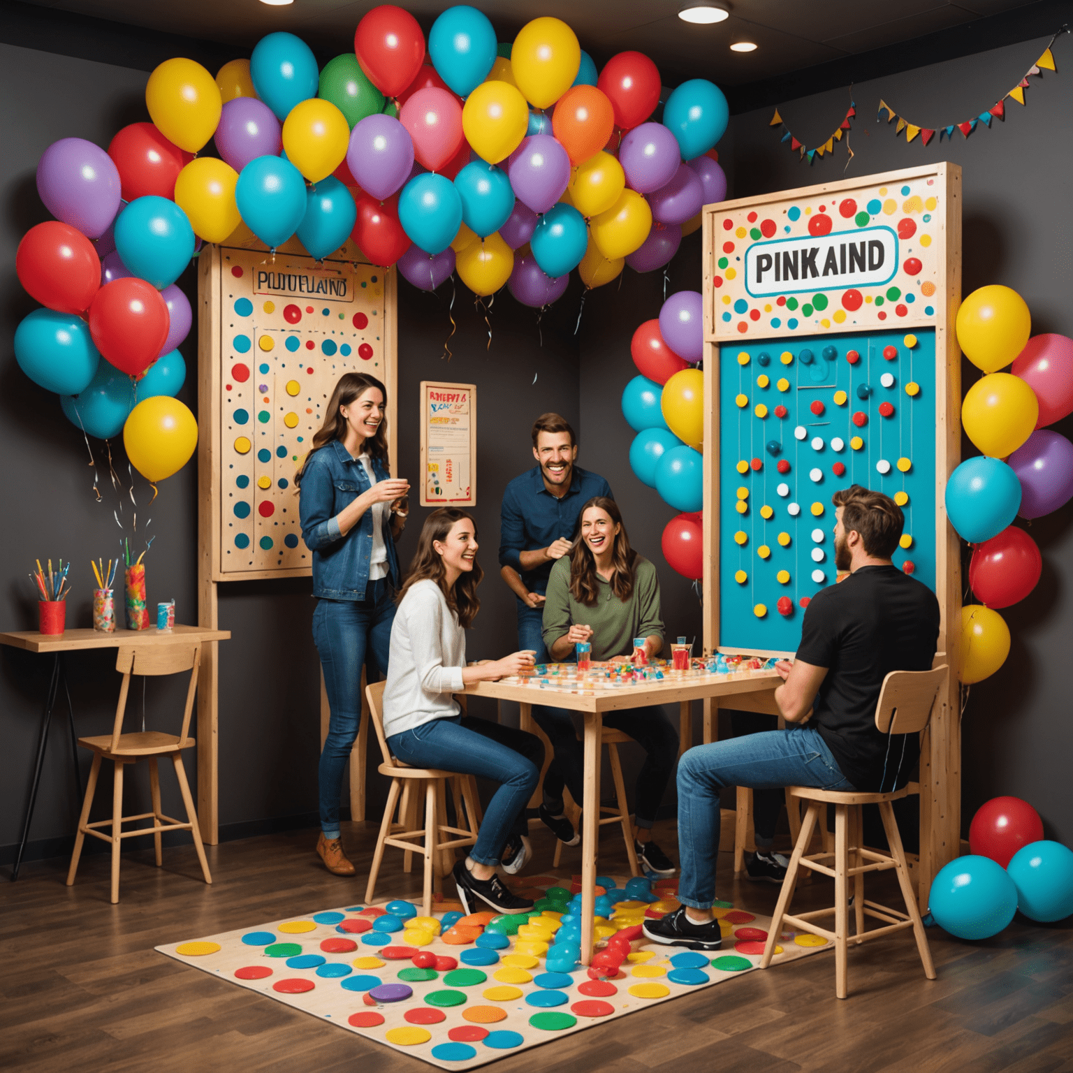 A colorful party scene with Plinko boards, balloons, and happy people playing games. The room is decorated with PlinkoFunLand branding and has a festive atmosphere.