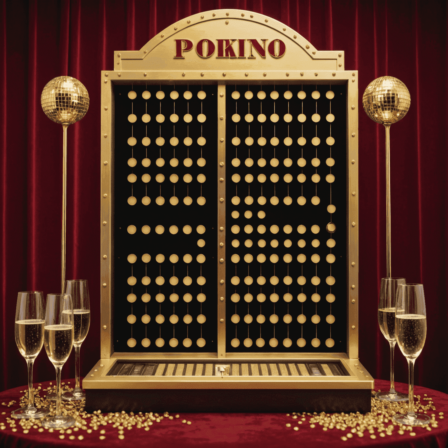A luxurious Plinko setup with golden pegs, a red velvet backdrop, and a shimmering disco ball overhead. VIP players are seen enjoying champagne while playing.