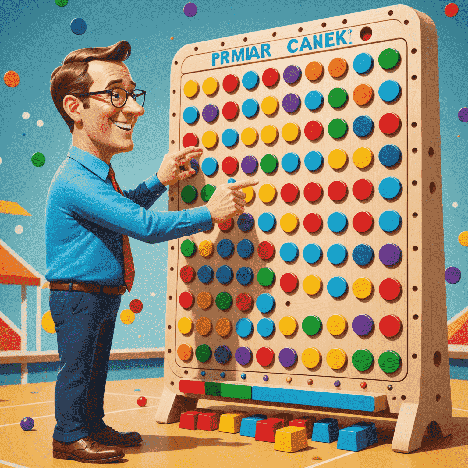 A cartoon-style illustration of a Plinko board with exaggerated, colorful pegs and a smiling coach character pointing at strategic drop points