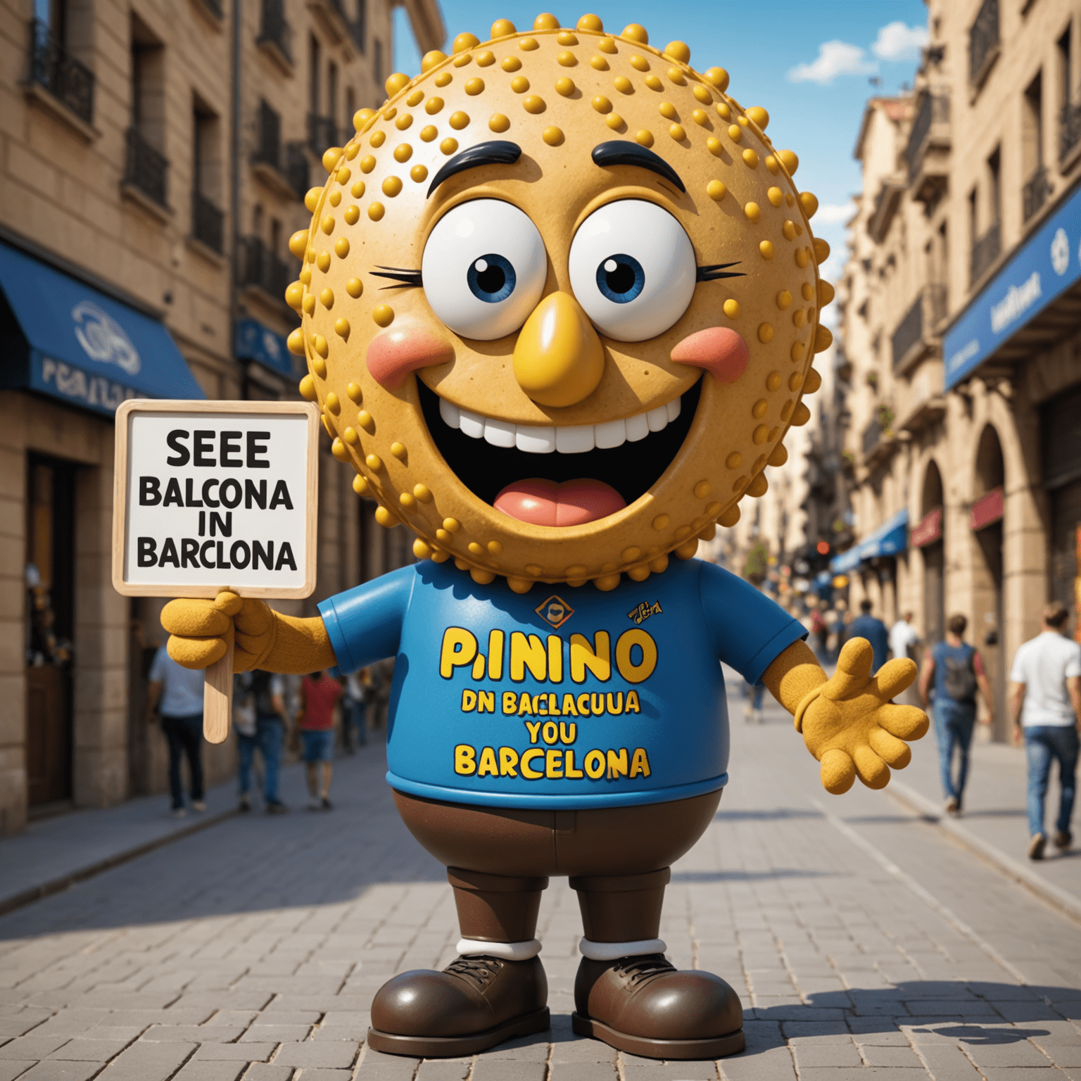 Cartoon Plinko mascot holding a 'See you in Barcelona!' sign
