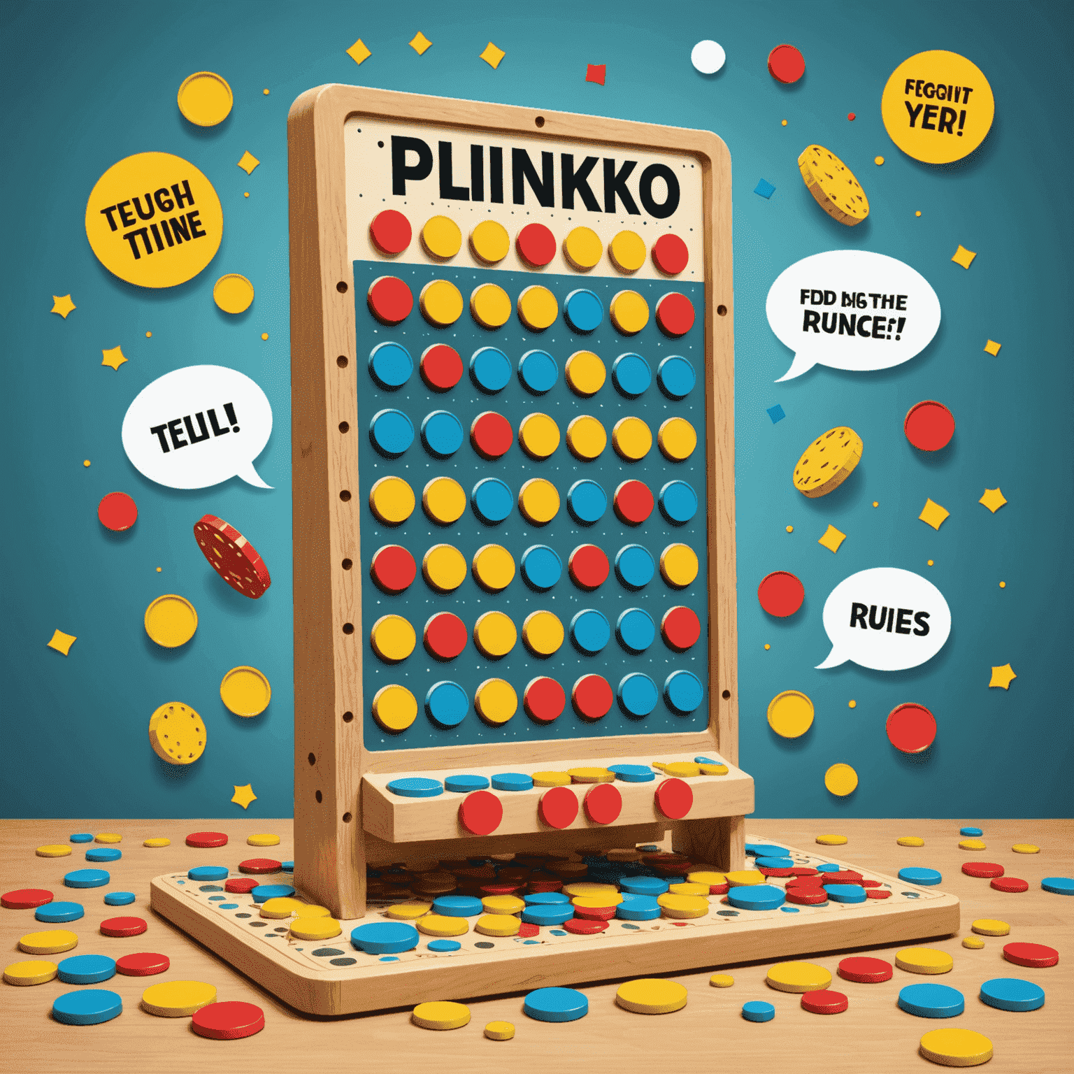Cartoon illustration of Plinko board with bouncing chips and rules written in speech bubbles
