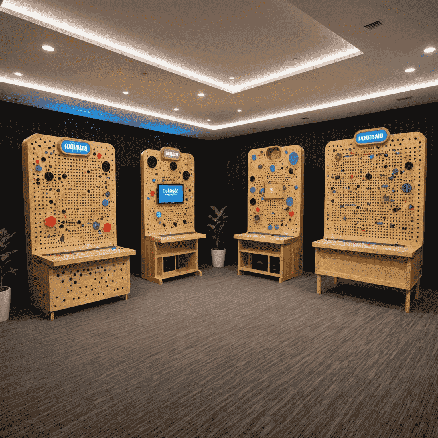 A panoramic view of the PlinkoFunLand event space, showcasing multiple Plinko boards, a refreshment area, and comfortable seating arrangements. The space is brightly lit and decorated with PlinkoFunLand branding.