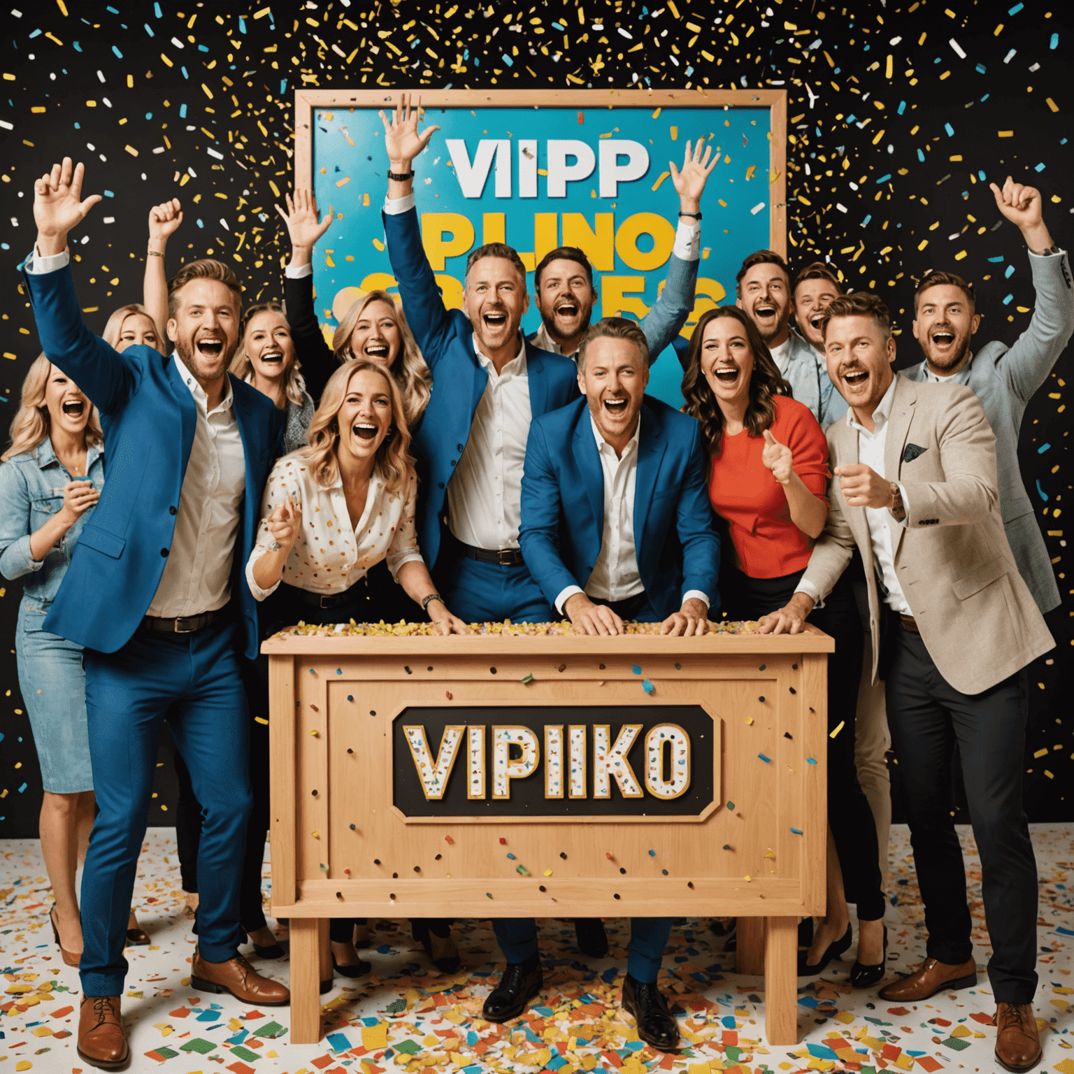 A group of happy VIP Plinko players celebrating their wins, surrounded by confetti and holding oversized novelty checks