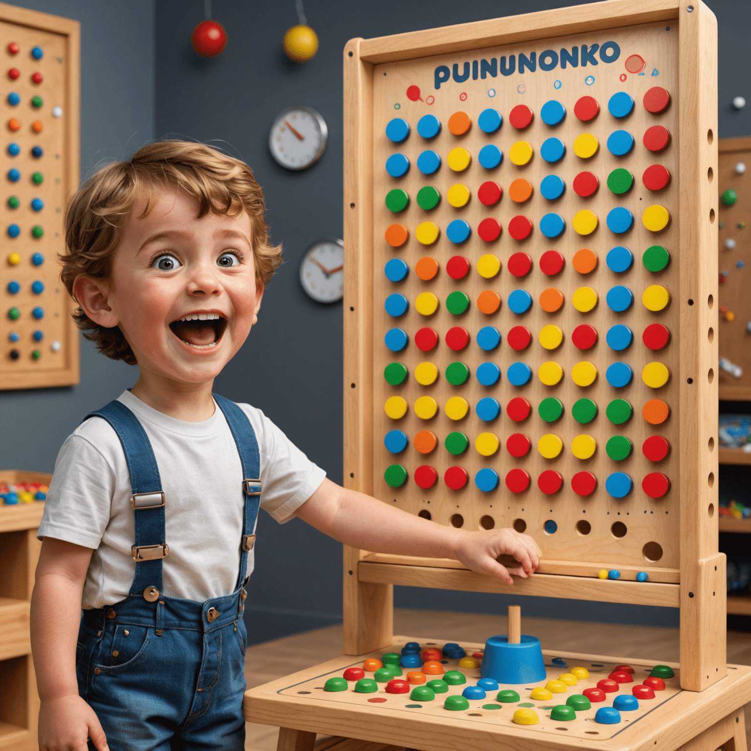 A cartoon novice Plinko player looking excited, standing next to a simple Plinko board with big, colorful pegs