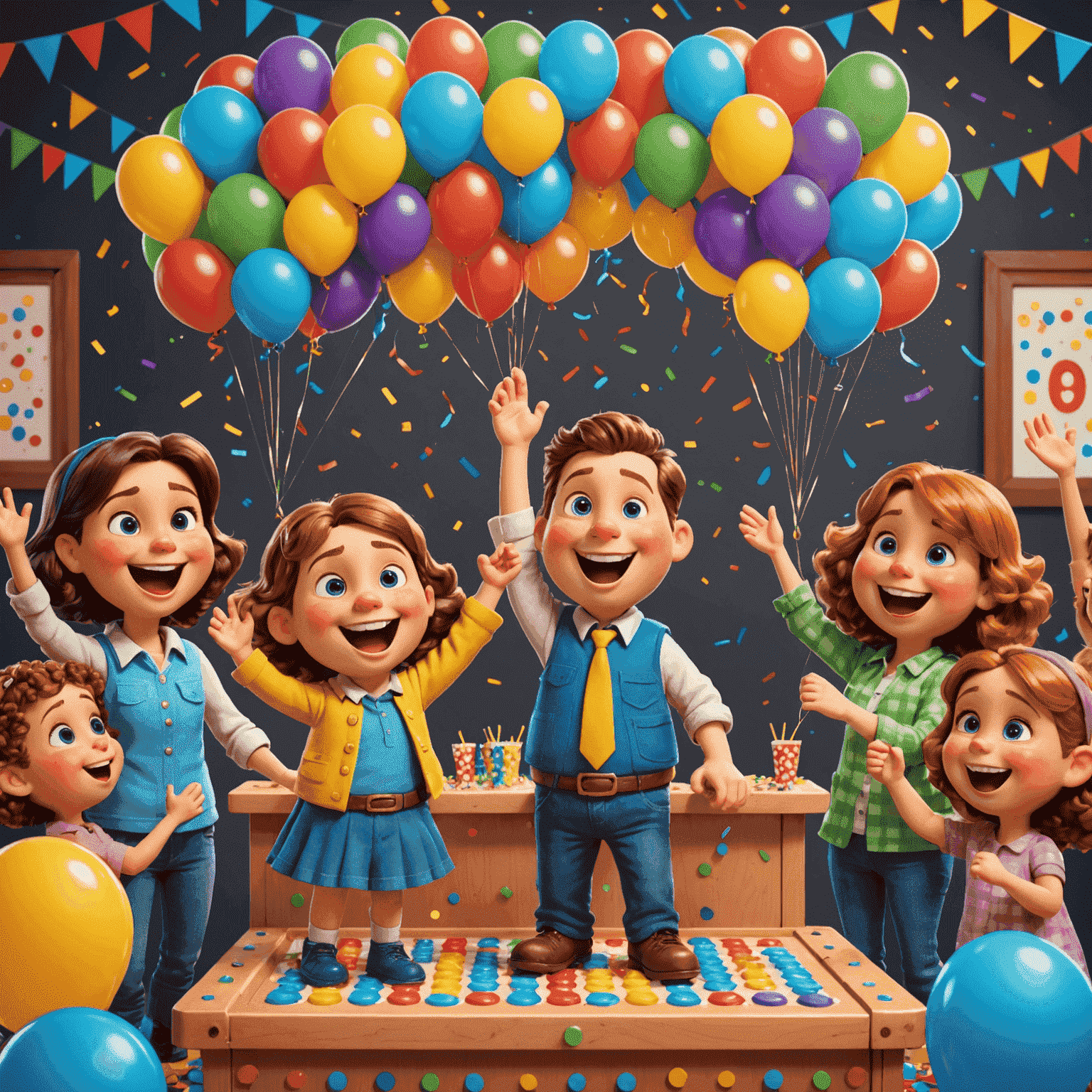 Cheerful cartoon characters celebrating at a Plinko-themed party with balloons and confetti