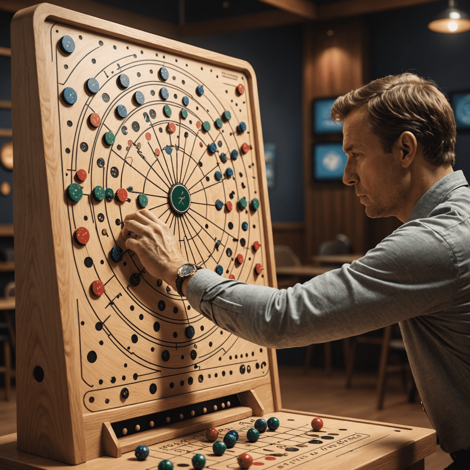 An illustration of a focused Plinko player carefully aiming their chip, with mathematical trajectory lines overlaying the Plinko board