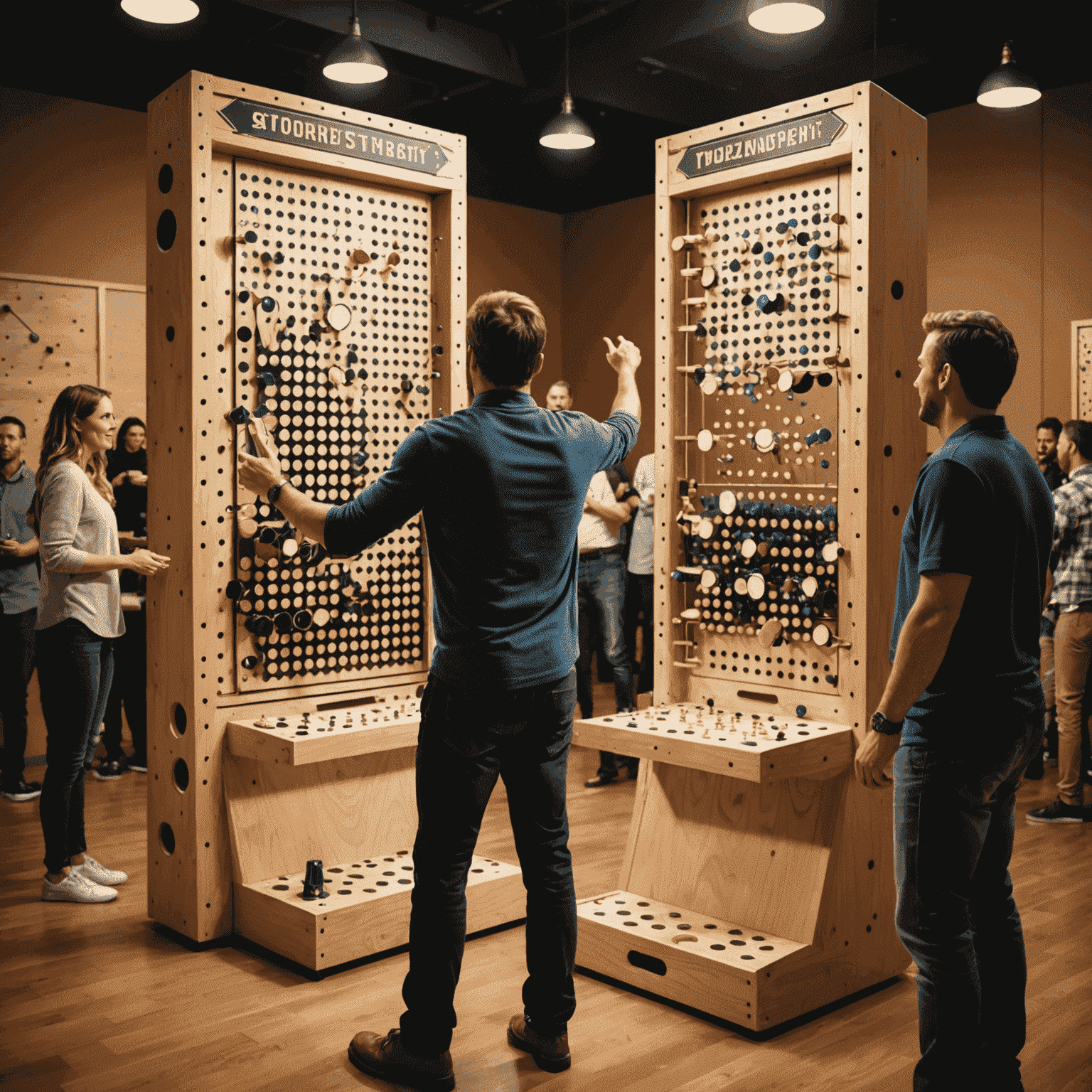 Exciting tournament scene with multiple Plinko boards, players, and a giant trophy