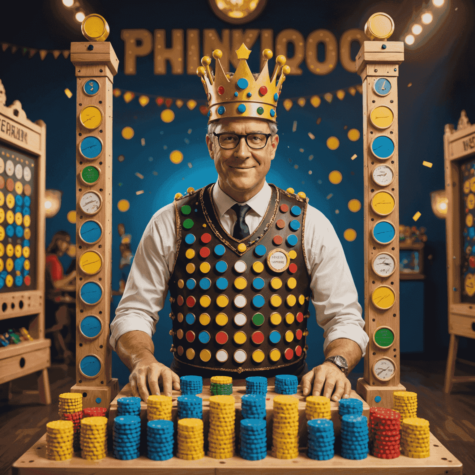 A triumphant Plinko champion character wearing a crown, surrounded by trophies and a complex, multi-tiered Plinko board