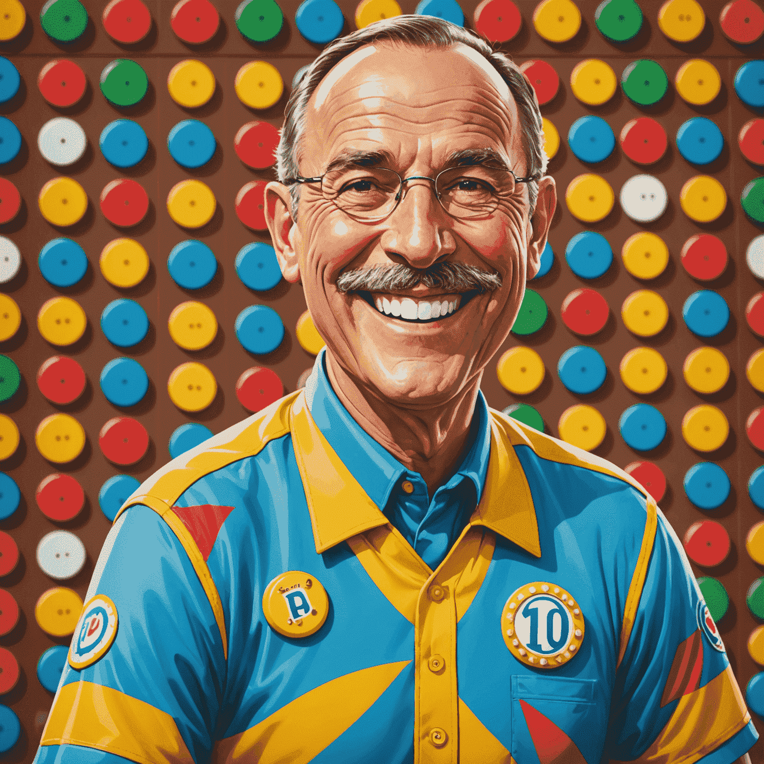A cartoon portrait of Plinko Pete, a friendly-looking coach with a big smile, wearing a colorful uniform with Plinko chips as buttons