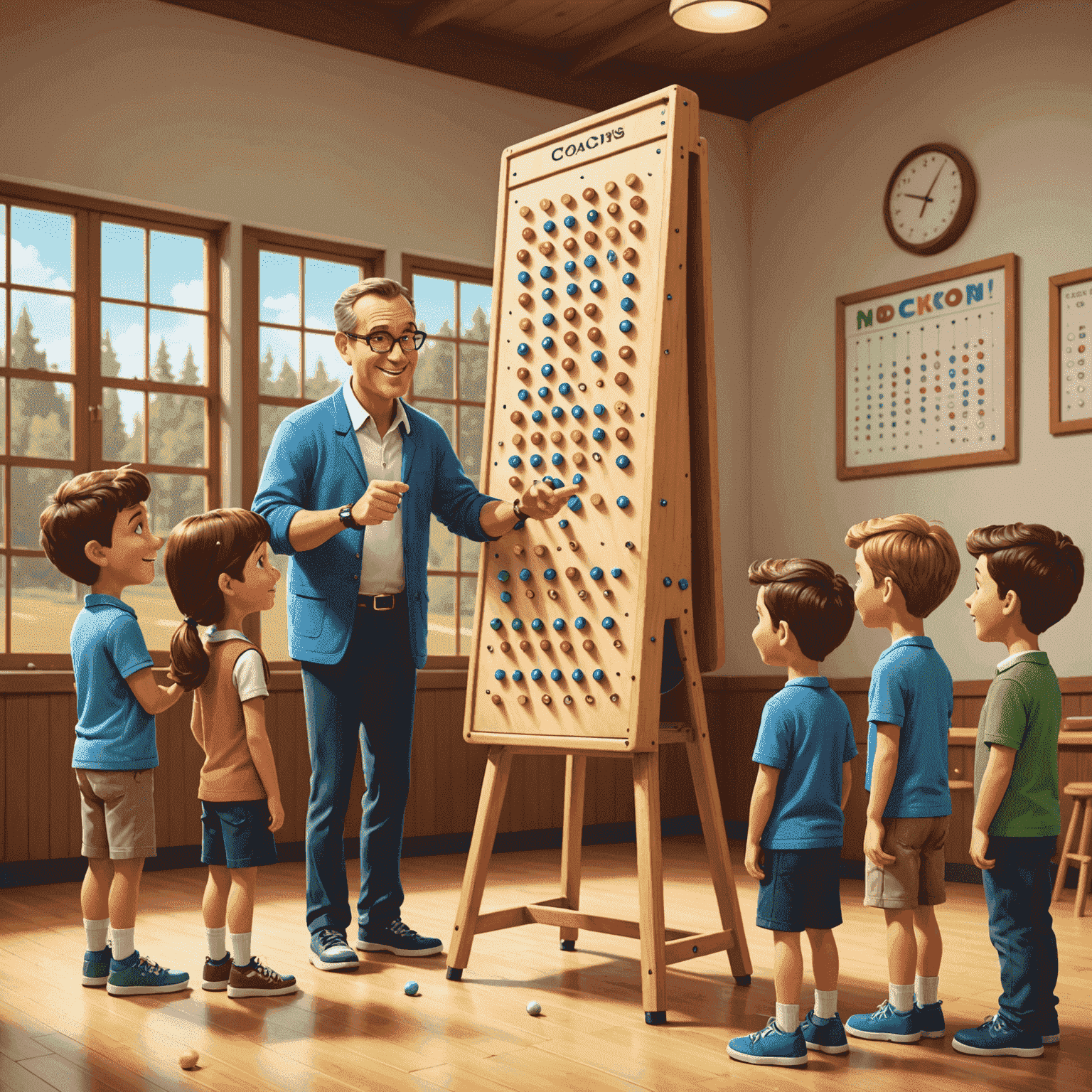 Friendly cartoon coach teaching Plinko techniques to eager students