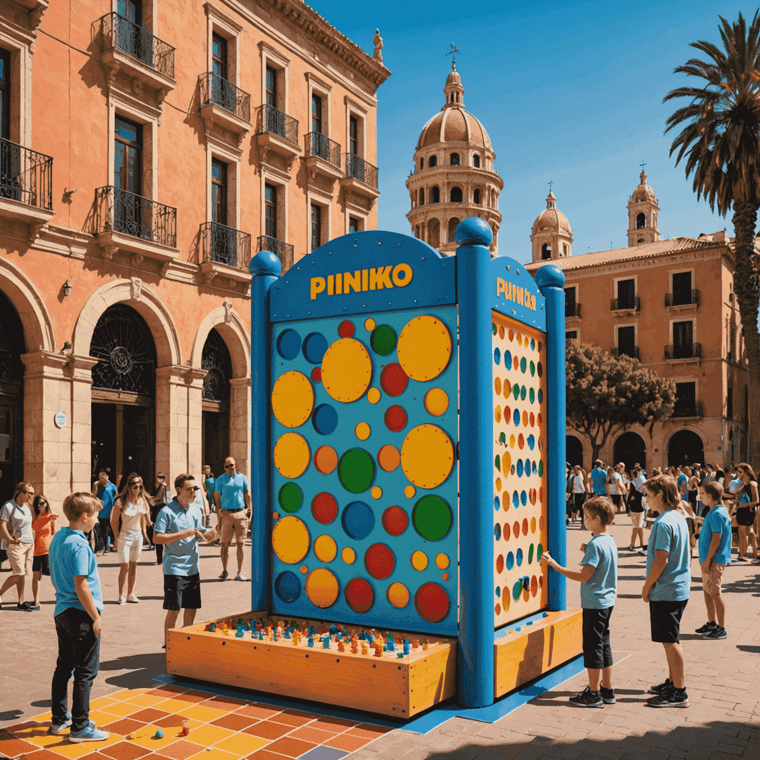 A panoramic view of a colorful, larger-than-life Plinko playground set against a backdrop of Spanish architecture, with happy players and coaches interacting